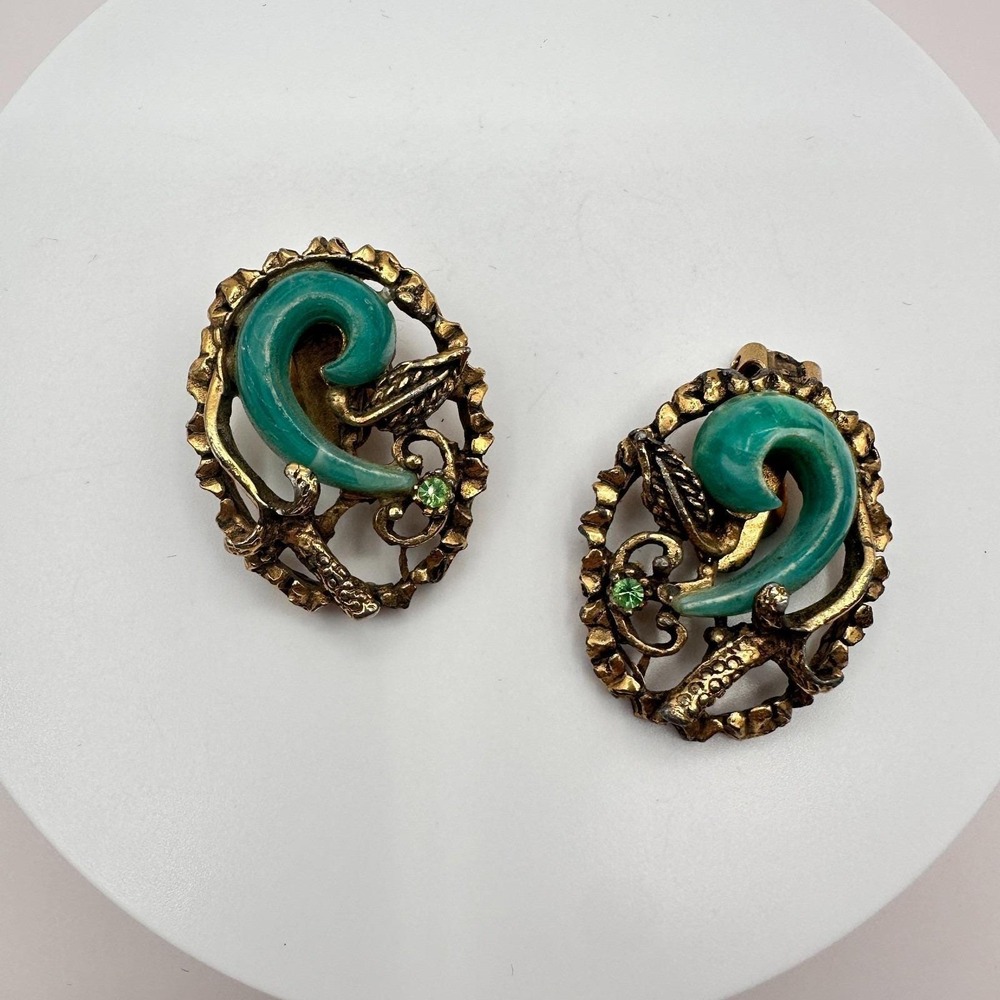 Vintage 80s Brass Tone Turquoise Green Cabochon Statement Clip Earrings Jewelry - Picture 3 of 9